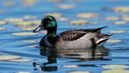 Obraz premium Female Greater Scaup swimming gracefully on serene water surrounded by lily pads reflecting a clear blue sky.