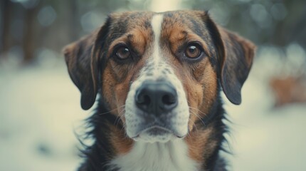 Close-up portrait of a loyal dog with expressive eyes in a snowy outdoor setting capturing the beauty of canine companionship.