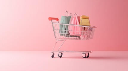 Pastel Shopping Spree: A Charming 3D Render of a Shopping Cart Filled with Colorful Bags Against a Pink Background