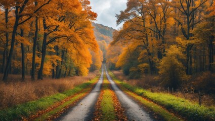 Serene Country Road Surrounded by Vibrant Autumn Forest with Colorful Leaves and Space for Text or Graphic Overlay