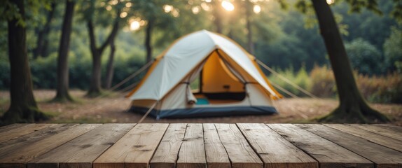 Wooden Table Surface With Tent In Nature Background Ideal For Outdoor Adventure Promotions And Text Overlays