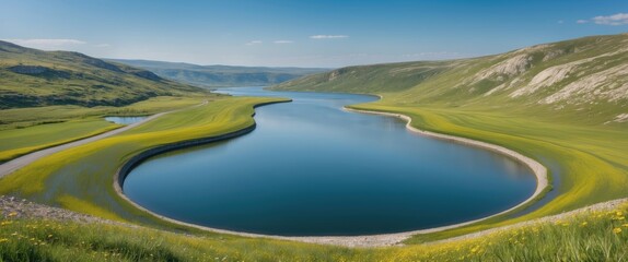 Serene Curved Lake Surrounded By Lush Greenery Under Bright Blue Sky With Space For Text Overlay In Summer Landscape