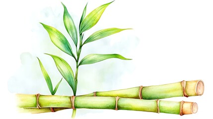 A chibi bamboo shoot with green leaves, growing tall, isolated on a white background