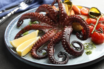 Fried octopus with herb sauce, lemon and vegetables on grey table, closeup