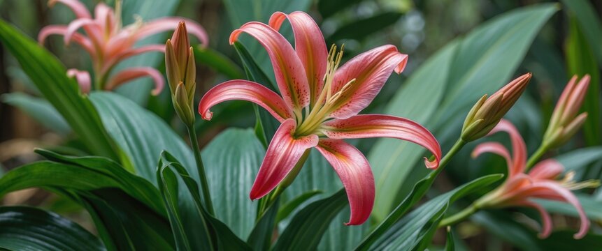 Crinum Menehune flower also known as Red Lily showcasing vibrant pink blooms surrounded by lush green foliage with space for text overlay.