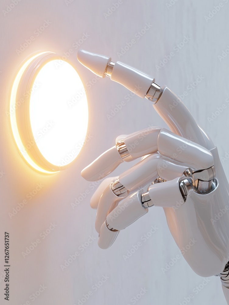Aufkleber Robotic hand reaching to touch a glowing virtual button in a futuristic environment. Generative AI