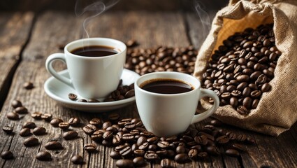 Coffee cups with steaming coffee beside a burlap bag overflowing with roasted coffee beans on a rustic wooden surface.