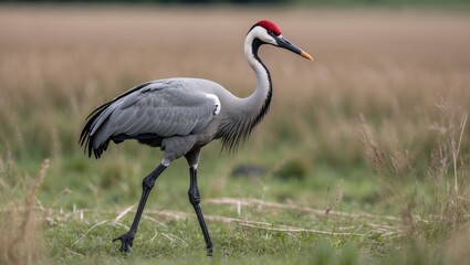 Fototapeta premium Crane Bird Striding Elegantly Through Lush Green Meadow Under Soft Natural Light