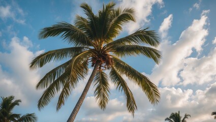 Tropical Coconut Tree Against Bright Blue Sky and Fluffy White Clouds