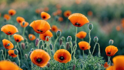 Obraz premium Vibrant Field of Orange Poppy Flowers with Soft Focus and Space for Text Overlay in Natural Outdoor Setting