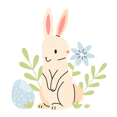 Cute bunny with flowers and Easter eggs concept. Easter flat illustration isolated on a white background.