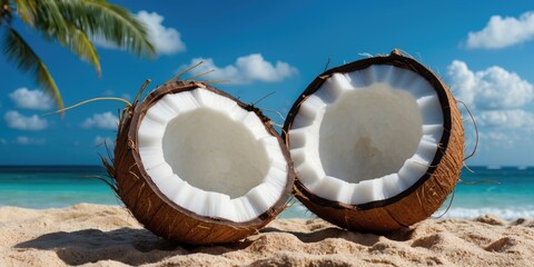 Coconuts on sandy beach under blue sky with empty space for text, tropical theme, summer vacation, relaxation, natural beauty.