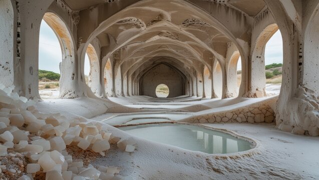 Interior view of an abandoned saltworks showcasing unique architecture with salt formations in Calblanque, Murcia.