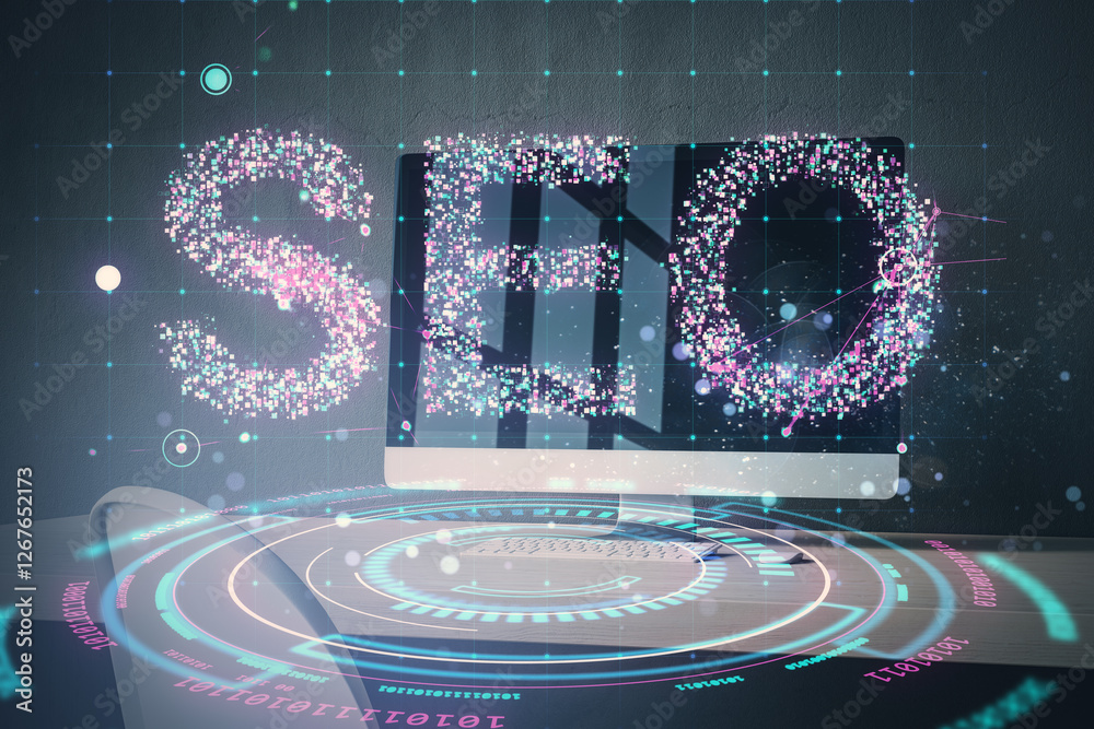 Poster SEO digital concept with illuminated data elements on computer screen.