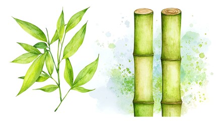 A chibi bamboo shoot with green leaves, with watercolor splashes of green and blue, isolated on a soft background