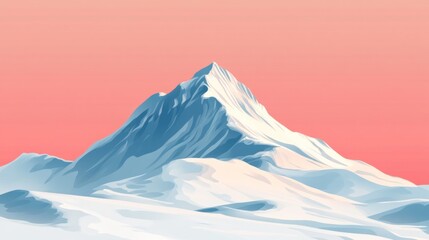 Minimalist illustration of a snow-capped mountain peak against a pink sky.