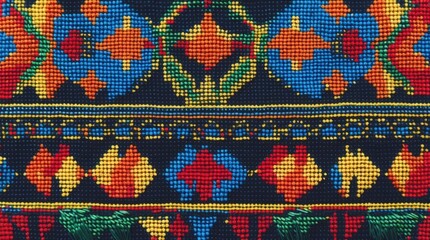 Colorful Ukrainian cross-stitch pattern showcasing traditional ethnic ornaments with intricate floral and geometric designs on a dark background.