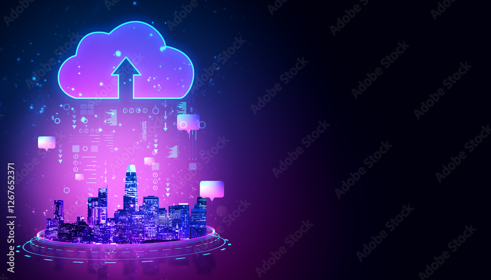 Poster futuristic smart city with cloud computing and data storage concept in neon blue and purple light on
