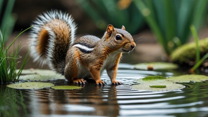 Columbian Ground Squirrel Standing Among Lily Pads in a Calm Pond Environment