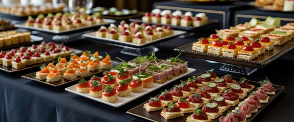 Elegant Canapes Displayed on Buffet Table for Catering Event Featuring Variety of Flavors and Colorful Presentation