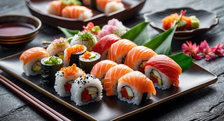 Fresh and Colorful Sushi Platter with Assorted Rolls and Empty Space for Text in a Rustic Setting