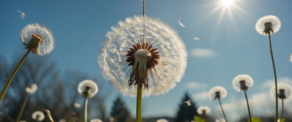 Dandelion Flowers In A Garden Against Clear Sky With Sunlight And Copy Space For Text Use In Nature And Spring Themes