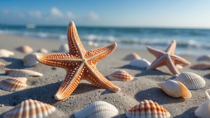 Summer Beach Scene Featuring Starfish and Seashells with Tranquil Ocean Background and Space for Textual Overlay