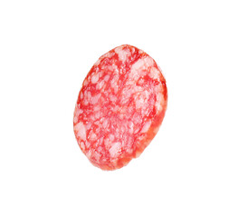 Piece of delicious smoked sausage isolated on white