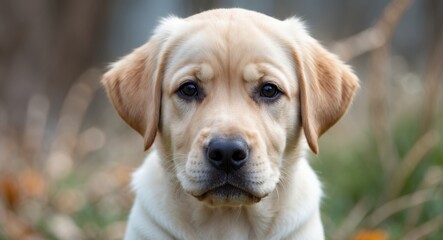 Adorable Young Labrador Retriever Puppy with Soft Features Captured Outdoors in Nature