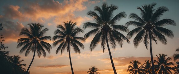 Coconut Palm Trees Silhouette Against Vibrant Sunset Sky Ideal For Text Placement or Tropical Travel Themes