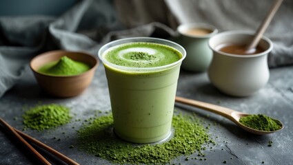 Refreshing Cold Matcha Latte With Fresh Milk Served In Plastic Cup Surrounded By Matcha Powder And Traditional Tea Utensils