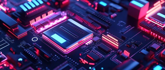 Obraz premium Neon Circuit Board: A futuristic digital landscape