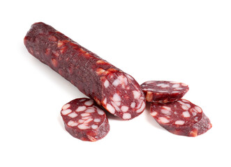 Delicious dry cured sausage isolated on white