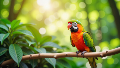 Obraz premium Bright parrot perched on a branch in lush rainforest, exotic beauty
