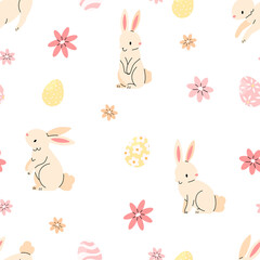 Seamless pattern with bunnies, Easter eggs and flowers on a white background. Easter illustration background. Flat illustration.