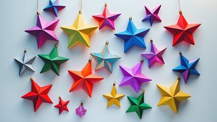 Obraz premium Vibrant paper stars in various colors arranged on a white background creating a festive and cheerful holiday atmosphere