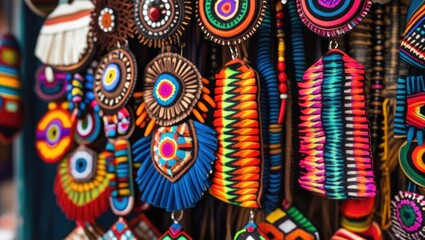 Fototapeta premium Vibrant handmade huichol earrings displayed at Chapala market showcasing traditional Mexican craftsmanship and colorful designs.