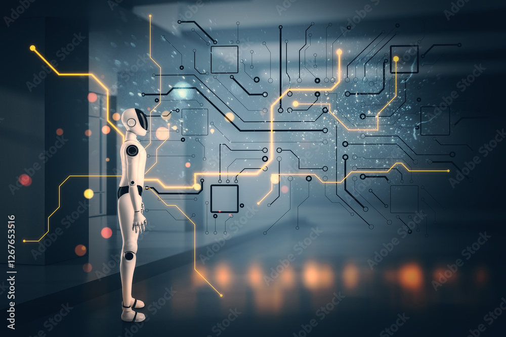 Poster Futuristic humanoid robot interacting with digital circuit board in cybernetic environment. 3D Rendering