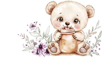 A chibi bear cub holding a honey jar, licking its lips, isolated on a white background