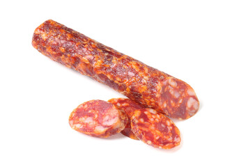 Delicious dry cured sausage isolated on white, top view