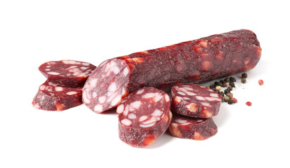 Delicious dry cured sausage and spices isolated on white