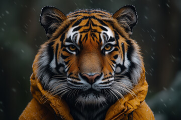 Naklejka premium Tiger's piercing gaze, a touch of urban flair in snowy ambiance