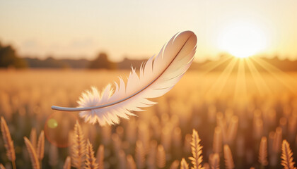 White feather floating in sunset rays above golden field, ethereal beauty