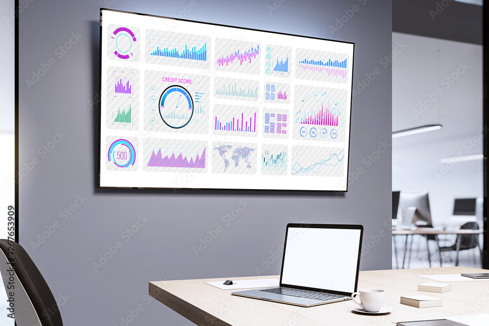 Poster Modern office with digital data dashboard on screen. 3D Rendering