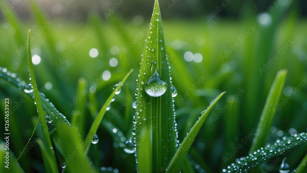Poster dew drop resting on a green grass blade with soft focus background and copy space for text in a fres