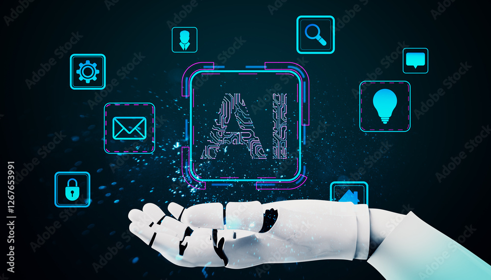 Poster Futuristic robotic hand with AI digital icons on dark background. 3D Rendering