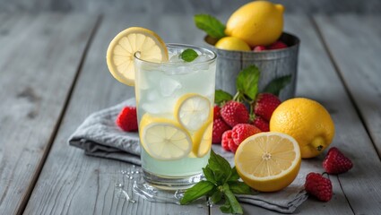 Refreshing Lemonade with Slices of Lemon and Fresh Raspberries on a Rustic Wooden Table