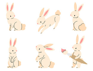 Set of flat Easter bunnies isolated on a white background. Easter rabbit illustration.