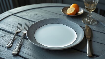 Elegant table setting with an empty grey plate utensils and orange on a rustic wooden table creating a minimalist dining atmosphere