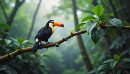 Fototapeta premium Colorful toucan perched on branch in misty jungle, serene beauty